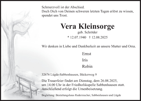 Traueranzeige von Vera Kleinsorge von Deister- und Weserzeitung