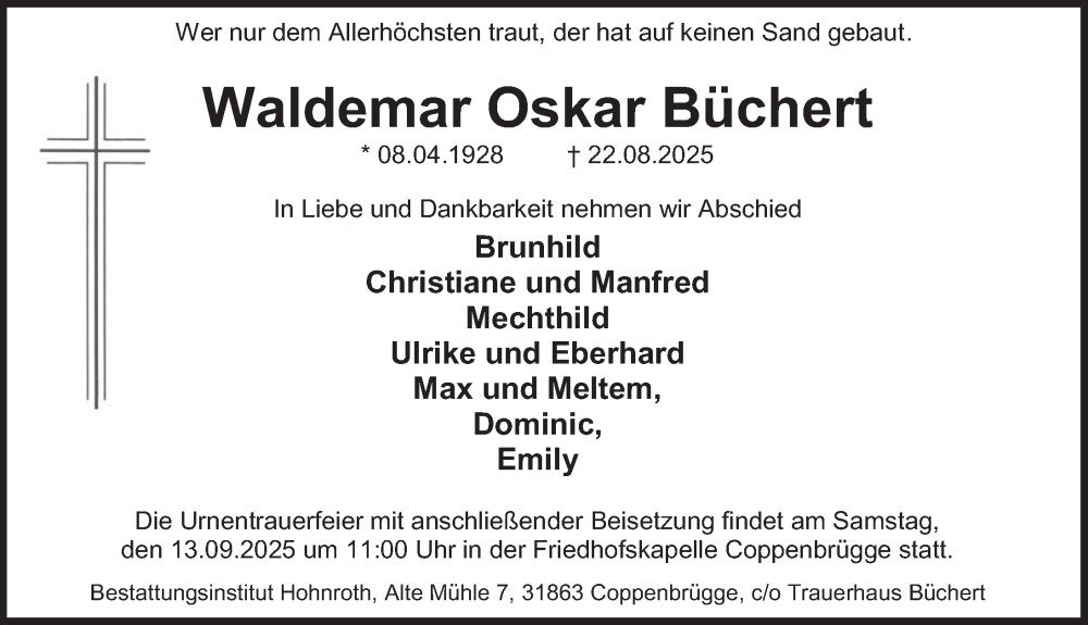  Traueranzeige für Waldemar Oskar Büchert vom 30.08.2025 aus Deister- und Weserzeitung