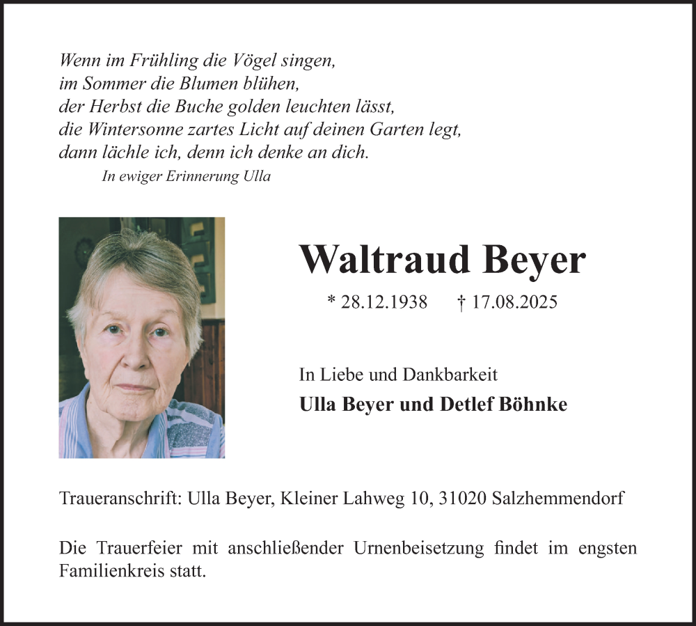  Traueranzeige für Waltraud Beyer vom 22.08.2025 aus Deister- und Weserzeitung