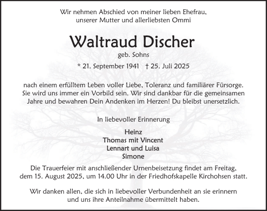 Traueranzeige von Waltraud Discher von Deister- und Weserzeitung
