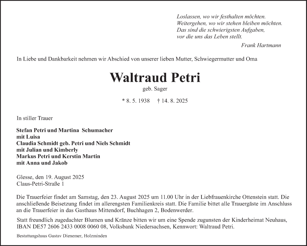  Traueranzeige für Waltraud Petri vom 19.08.2025 aus Deister- und Weserzeitung