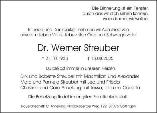 Traueranzeige von Werner Streuber von Deister- und Weserzeitung