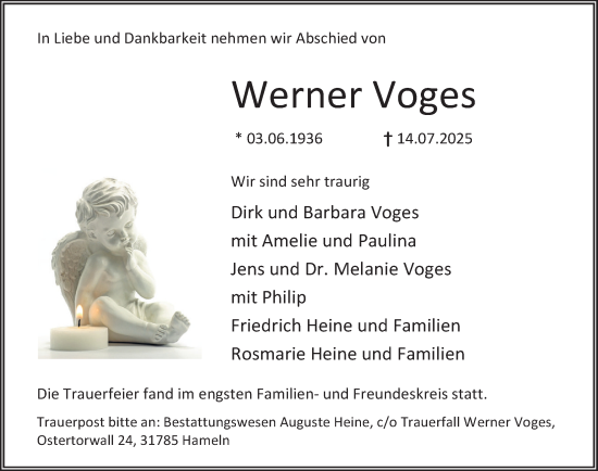 Traueranzeige von Werner Voges von Deister- und Weserzeitung