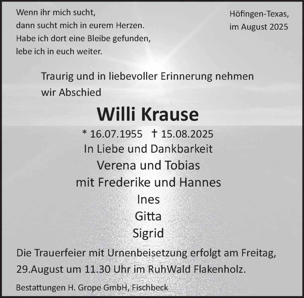  Traueranzeige für Willi Krause vom 23.08.2025 aus Deister- und Weserzeitung