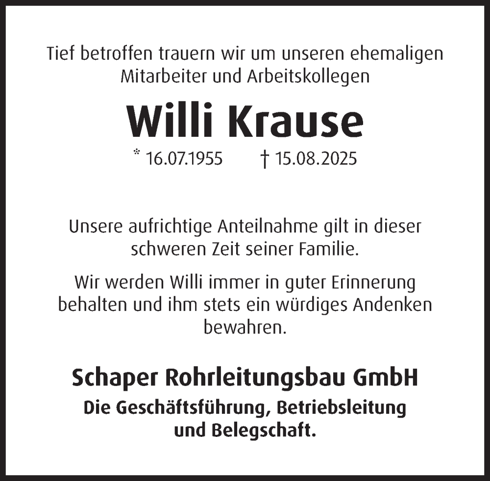  Traueranzeige für Willi Krause vom 23.08.2025 aus Deister- und Weserzeitung