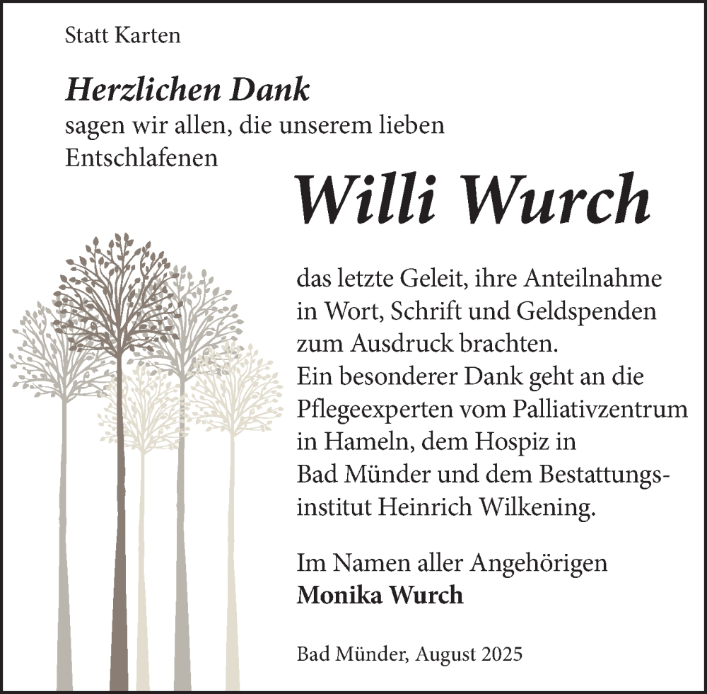  Traueranzeige für Willi Wurch vom 23.08.2025 aus Neue Deister-Zeitung