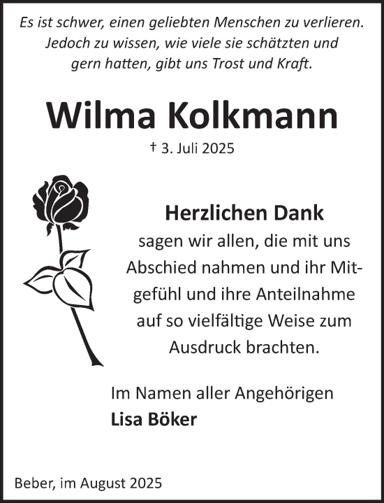 Traueranzeige von Wilma Kolkmann von Neue Deister-Zeitung
