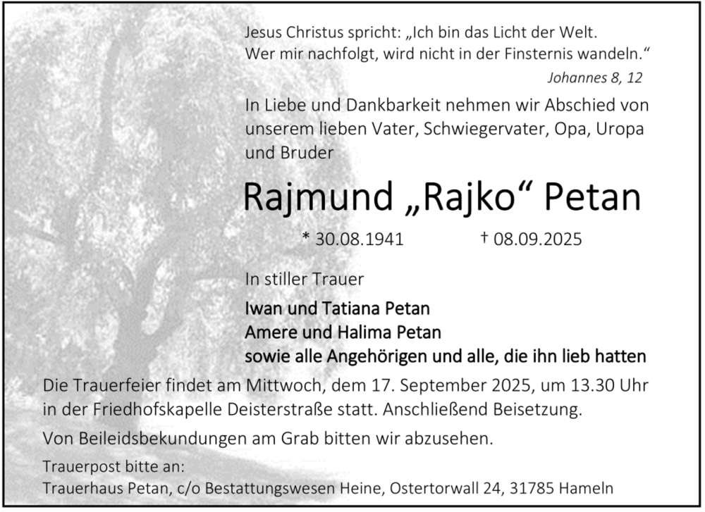  Traueranzeige für Rajmund Petan vom 13.09.2025 aus Deister- und Weserzeitung