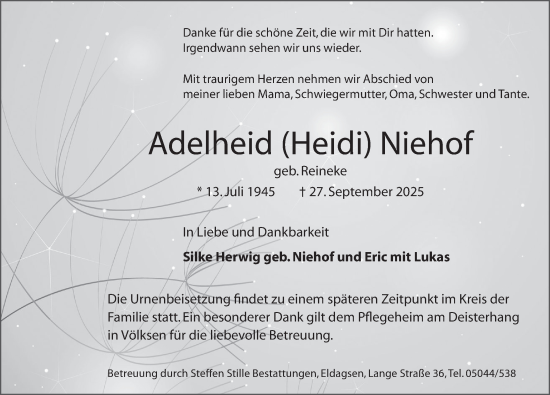 Traueranzeige von Adelheid Niehof von Neue Deister-Zeitung