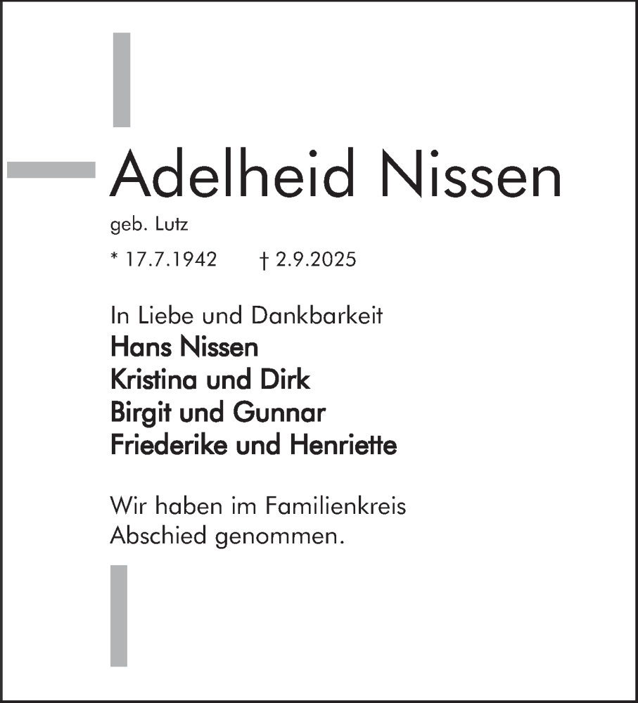  Traueranzeige für Adelheid Nissen vom 13.09.2025 aus Deister- und Weserzeitung