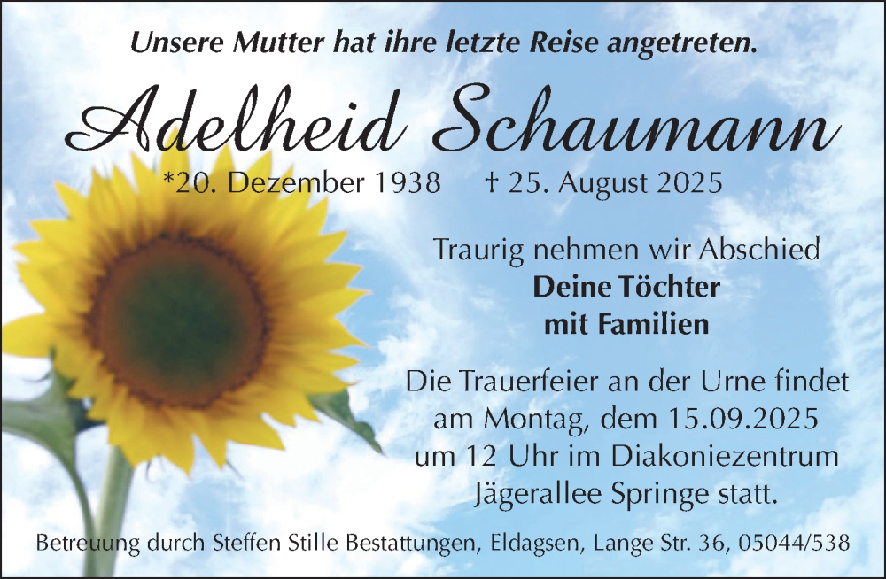  Traueranzeige für Adelheid Schaumann vom 06.09.2025 aus Neue Deister-Zeitung