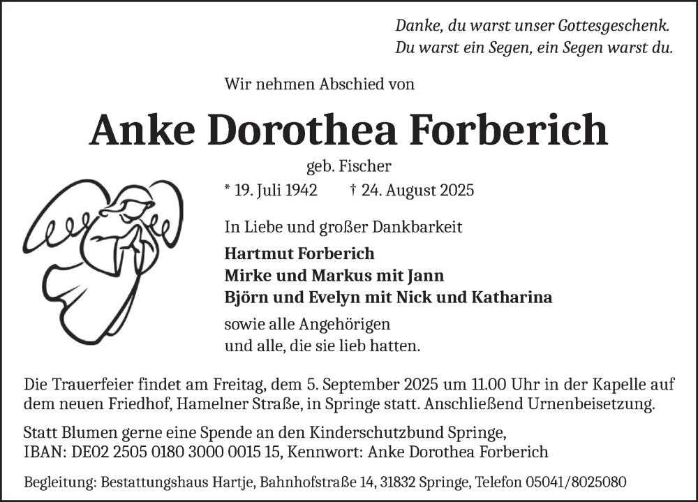  Traueranzeige für Anke Dorothea Forberich vom 30.08.2025 aus Neue Deister-Zeitung