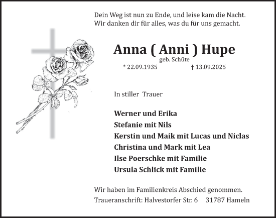 Traueranzeige von Anna Hupe von Deister- und Weserzeitung