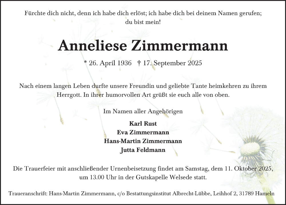  Traueranzeige für Anneliese Zimmermann vom 27.09.2025 aus Deister- und Weserzeitung