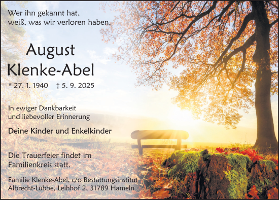 Traueranzeige von August Klenke-Abel von Deister- und Weserzeitung