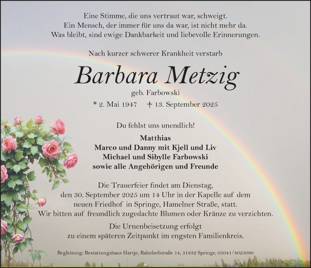  Traueranzeige für Barbara Metzig vom 20.09.2025 aus Neue Deister-Zeitung