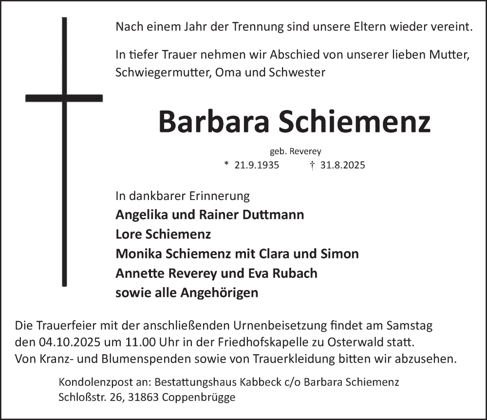  Traueranzeige für Barbara Schiemenz vom 27.09.2025 aus Deister- und Weserzeitung