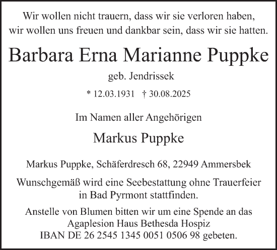 Traueranzeige von Barbara Erna Marianne Puppke von Deister- und Weserzeitung