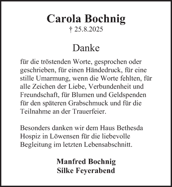 Traueranzeige von Carola Bochnig von Deister- und Weserzeitung