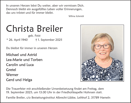 Traueranzeige von Christa Breiler von Deister- und Weserzeitung