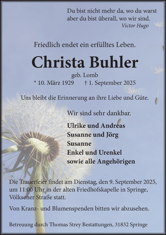 Traueranzeige von Christa Buhler von Neue Deister-Zeitung