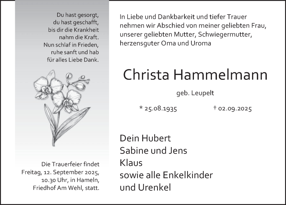  Traueranzeige für Christa Hammelmann vom 06.09.2025 aus Deister- und Weserzeitung