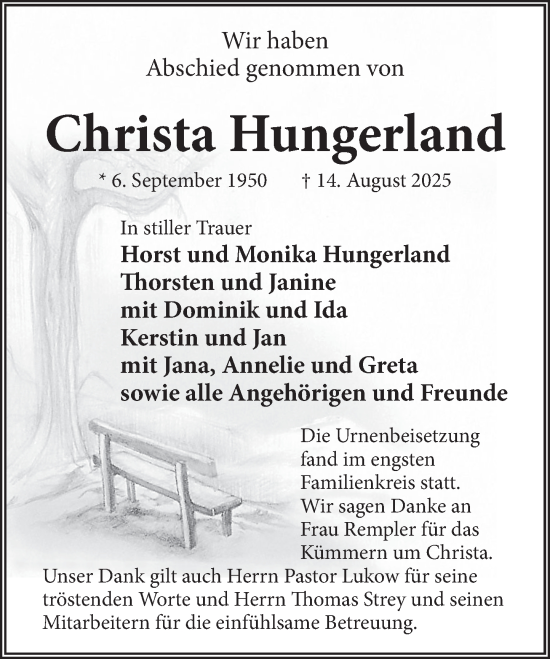 Traueranzeige von Christa Hungerland von Neue Deister-Zeitung
