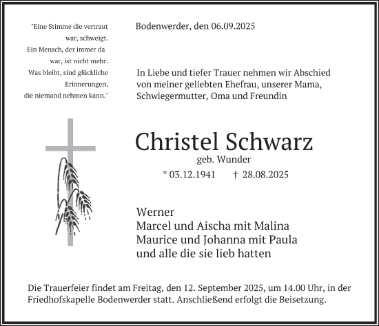 Traueranzeige von Christel Schwarz von Deister- und Weserzeitung