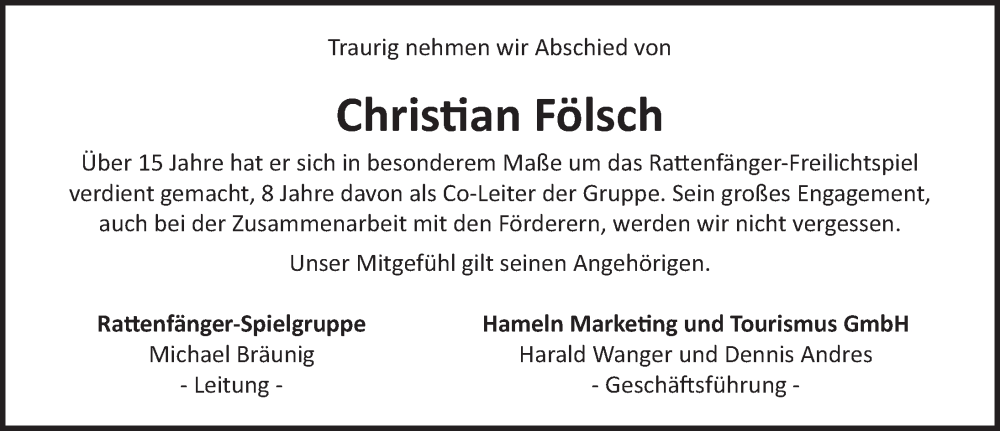  Traueranzeige für Christian Fölsch vom 13.09.2025 aus Deister- und Weserzeitung