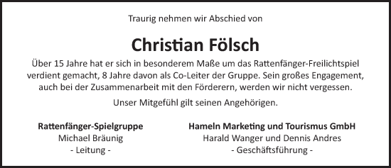 Traueranzeige von Christian Fölsch von Deister- und Weserzeitung