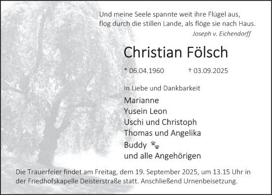 Traueranzeige von Christian Fölsch von Deister- und Weserzeitung