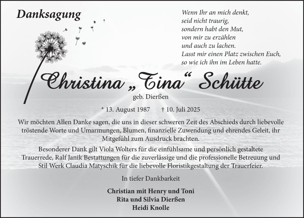  Traueranzeige für Christina Schütte vom 13.09.2025 aus Neue Deister-Zeitung