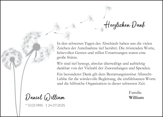 Traueranzeige von Daniel William von Deister- und Weserzeitung