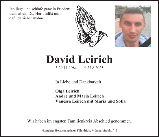 Traueranzeige von David Leirich von Deister- und Weserzeitung