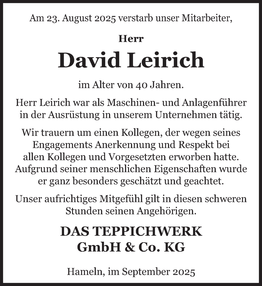  Traueranzeige für David Leirich vom 05.09.2025 aus Deister- und Weserzeitung