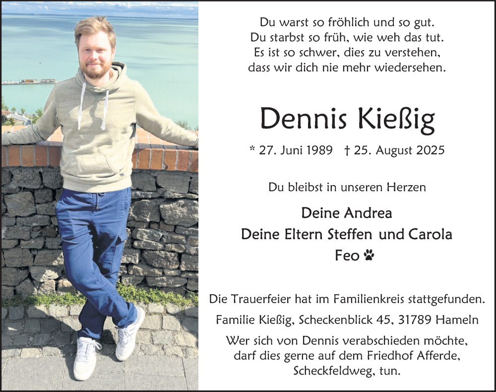  Traueranzeige für Dennis Kießig vom 13.09.2025 aus Deister- und Weserzeitung