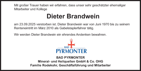 Traueranzeige von Dieter Brandwein von Deister- und Weserzeitung