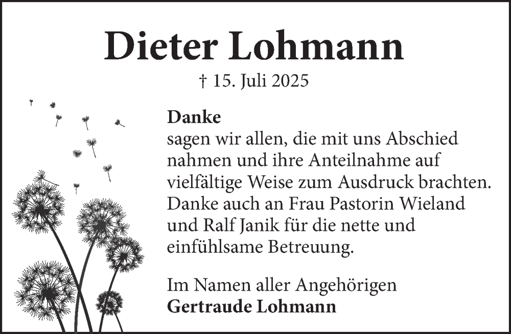  Traueranzeige für Dieter Lohmann vom 13.09.2025 aus Neue Deister-Zeitung