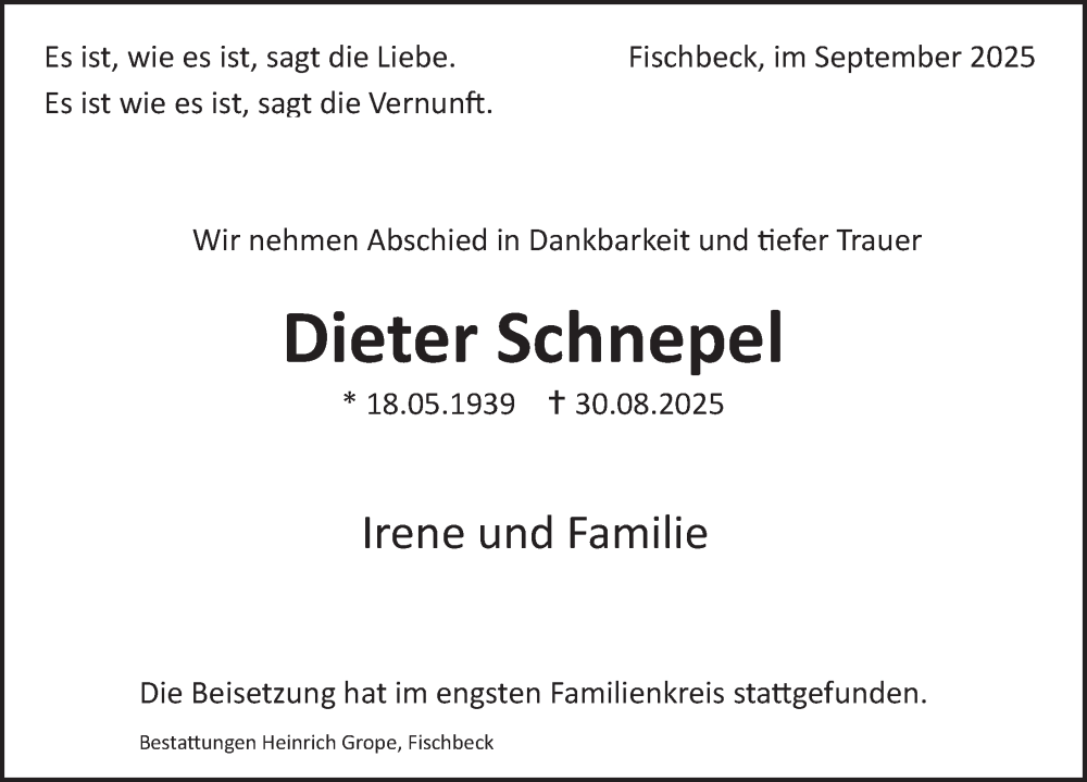  Traueranzeige für Dieter Schnepel vom 13.09.2025 aus Deister- und Weserzeitung