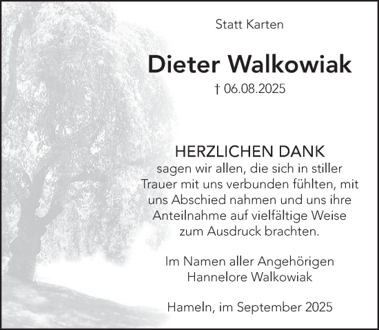 Traueranzeige von Dieter Walkowiak von Deister- und Weserzeitung