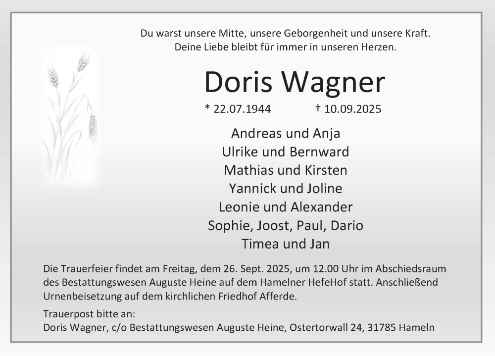  Traueranzeige für Doris Wagner vom 20.09.2025 aus Deister- und Weserzeitung