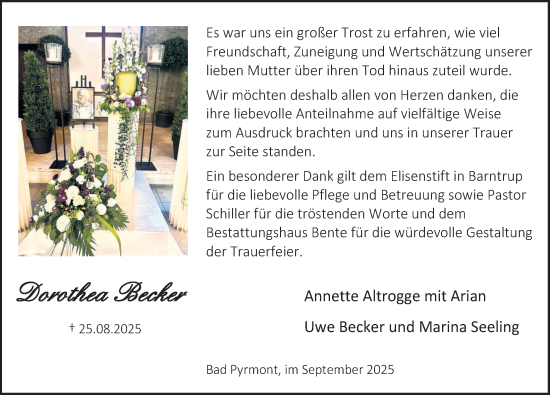 Traueranzeige von Dorothea Becker von Deister- und Weserzeitung