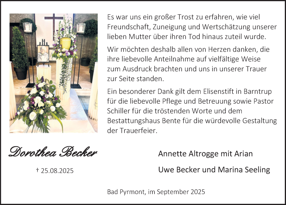  Traueranzeige für Dorothea Becker vom 20.09.2025 aus Deister- und Weserzeitung