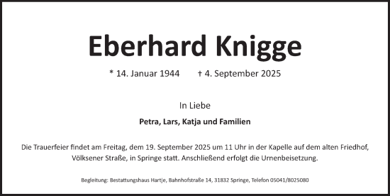 Traueranzeige von Eberhard Knigge von Neue Deister-Zeitung