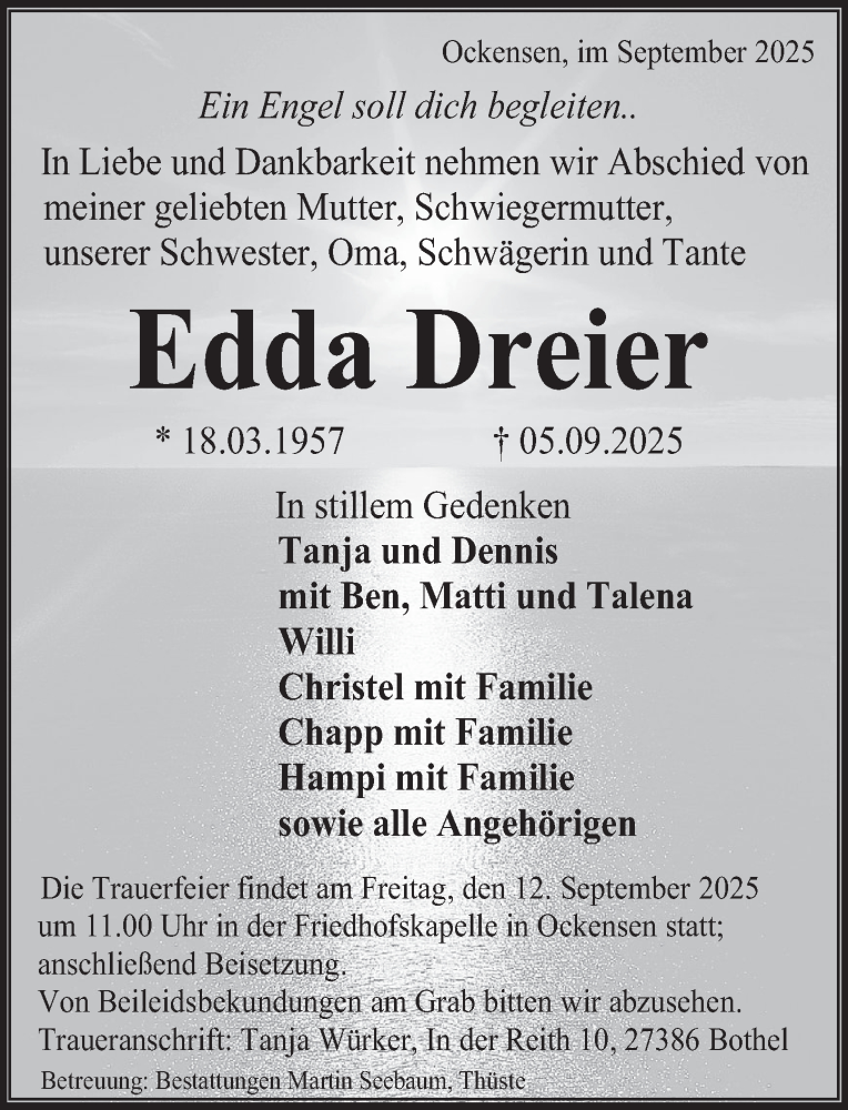  Traueranzeige für Edda Dreier vom 10.09.2025 aus Deister- und Weserzeitung