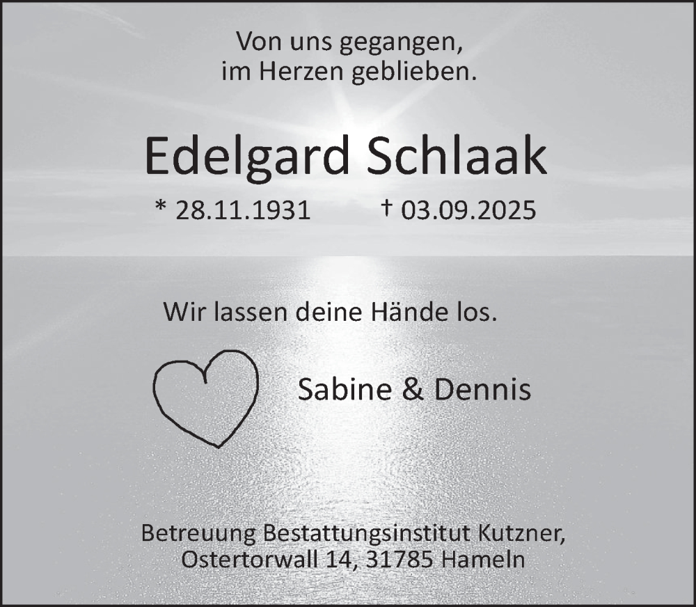  Traueranzeige für Edelgard Schlaak vom 20.09.2025 aus Deister- und Weserzeitung