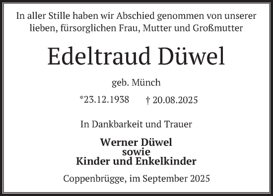 Traueranzeige von Edeltraud Düwel von Deister- und Weserzeitung