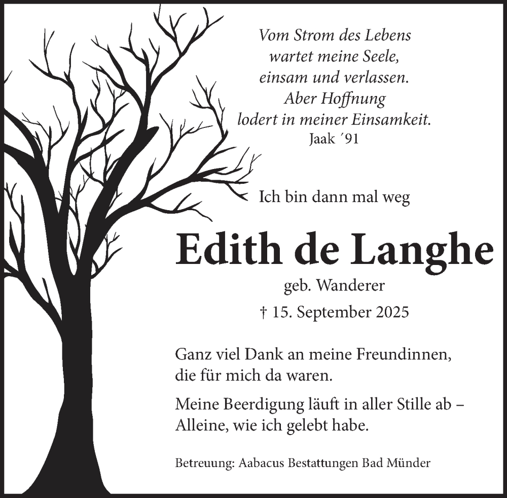  Traueranzeige für Edith de Langhe vom 06.10.2025 aus Neue Deister-Zeitung