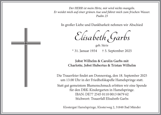 Traueranzeige von Elisabeth Garbs von Neue Deister-Zeitung