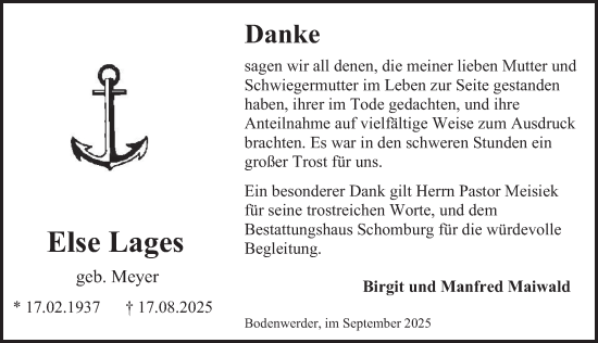 Traueranzeige von Else Lages von Deister- und Weserzeitung